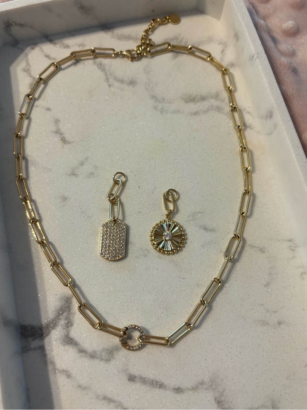 Park Lane Gold Paperclip Chain Necklace with Pave Tag & Sunburst Pendants